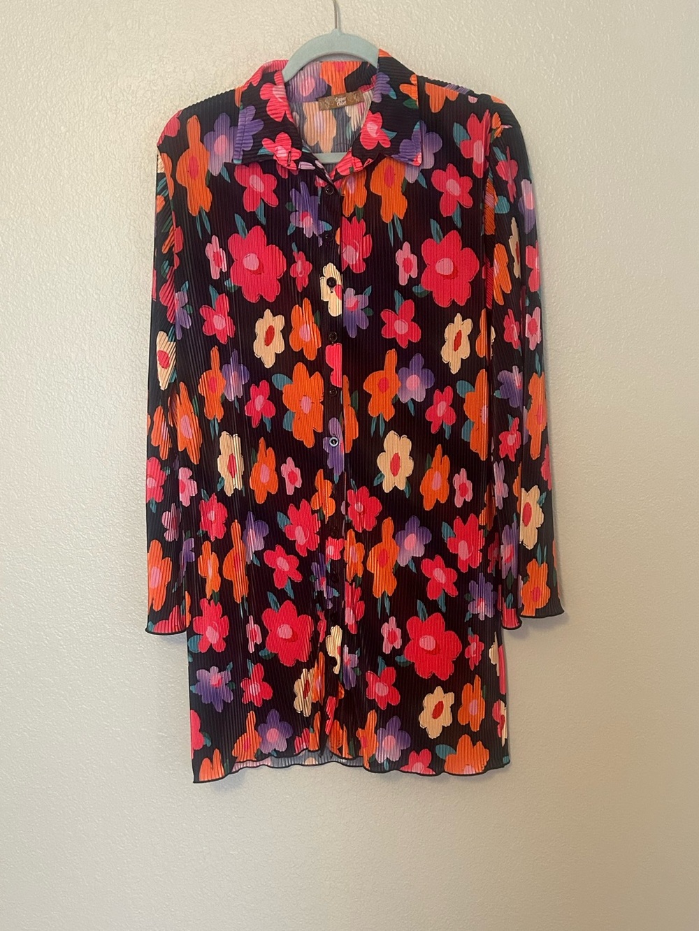 The Copper Closet Floral Pleated Button Down Tunic Dress Shirt Small 60s Retro